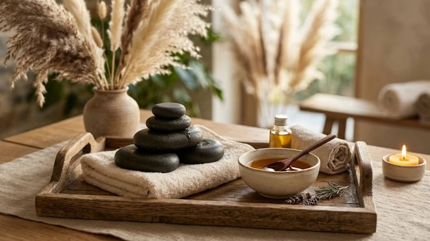 Massage aux pierres chaudes et rituels de bien-être corporel.