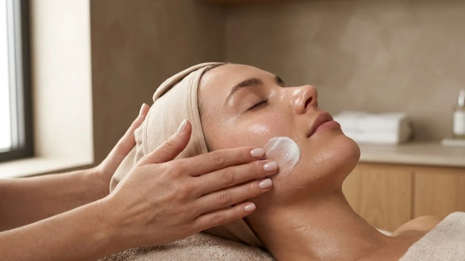 Détail d'un rituel de soin du visage hydratant et apaisant en cabine.